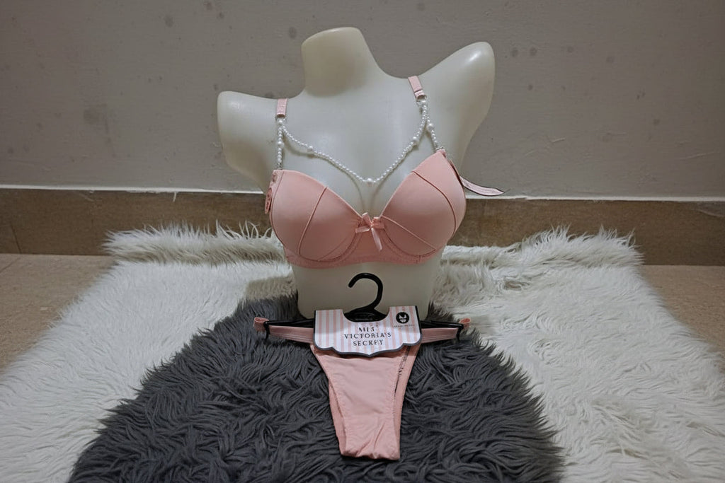 Luxe Rosewood Bra & Thong Set - Beaded Straps & Padded Cups